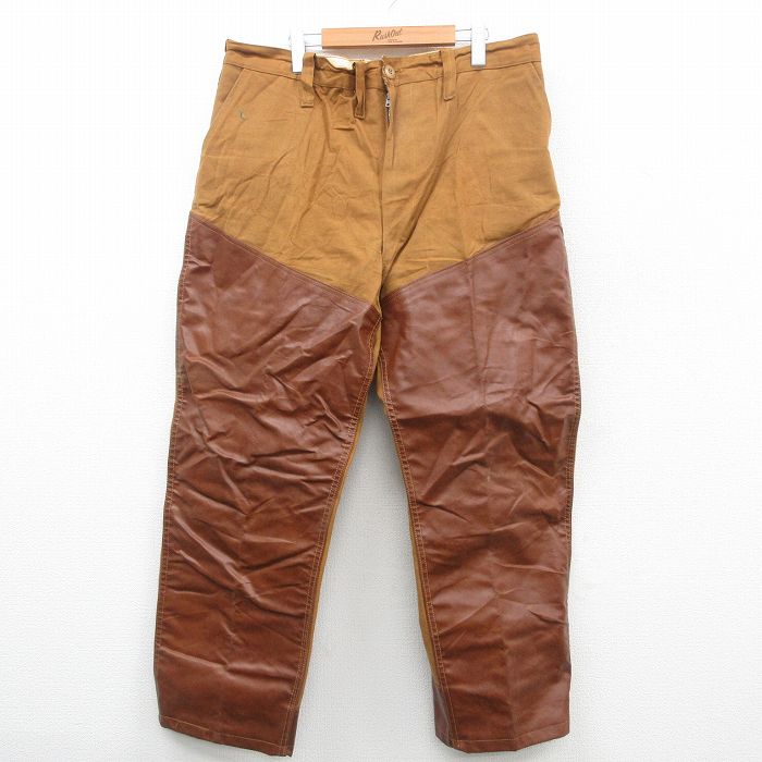 W39★古着 SAFTBAK ハンティング パンツ メンズ 80年代 80s ダック地 レザー使用 大きいサイズ タロン 茶 ブラウン 24nov01 中古 ボトムス ロング