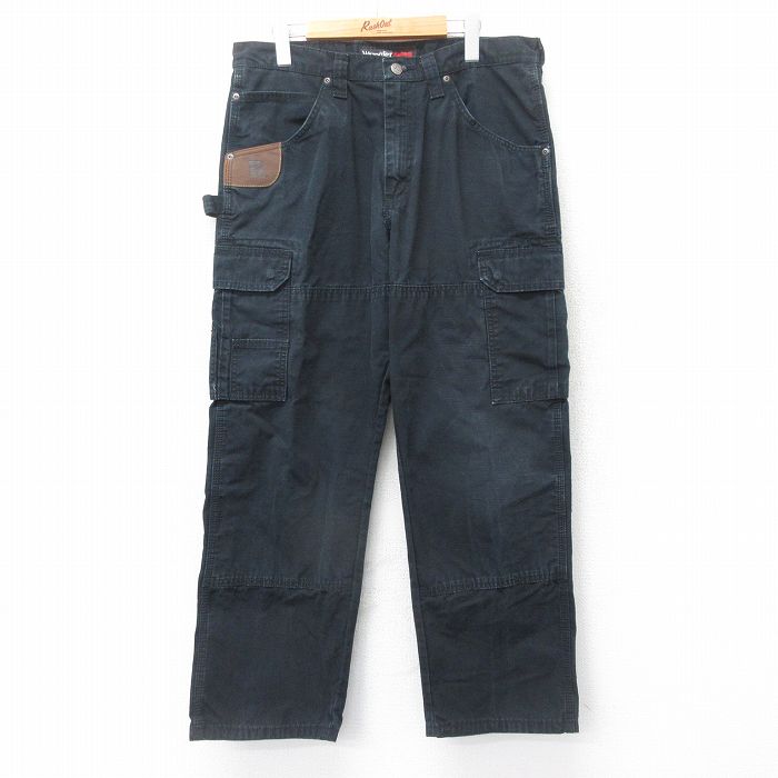 W35★古着 ラングラー Wrangler ペインター カーゴ パンツ メンズ リップストップ コットン 黒 ブラック 24nov05 中古 ボトムス ロング