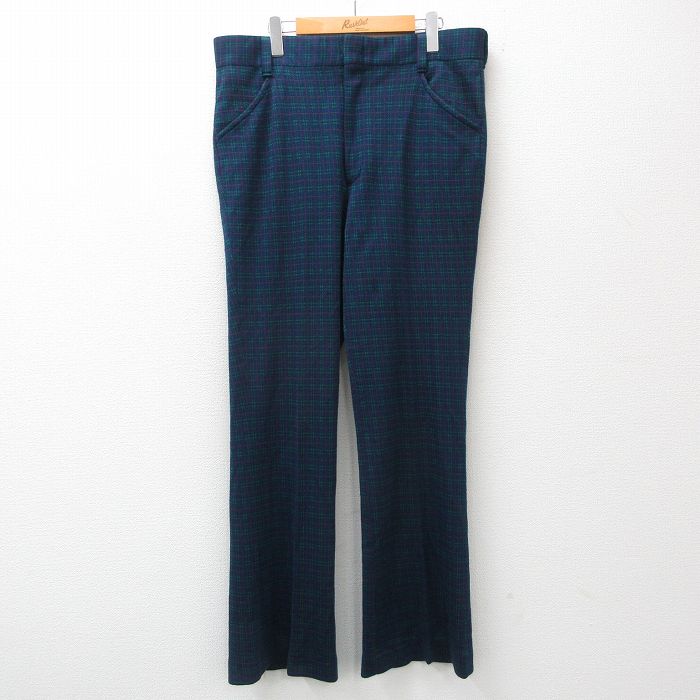 W36★古着 FARAH スラックス パンツ メンズ 80年代 80s USA製 濃紺他 ネイビー チェック 24nov05 中古 ボトムス ロング