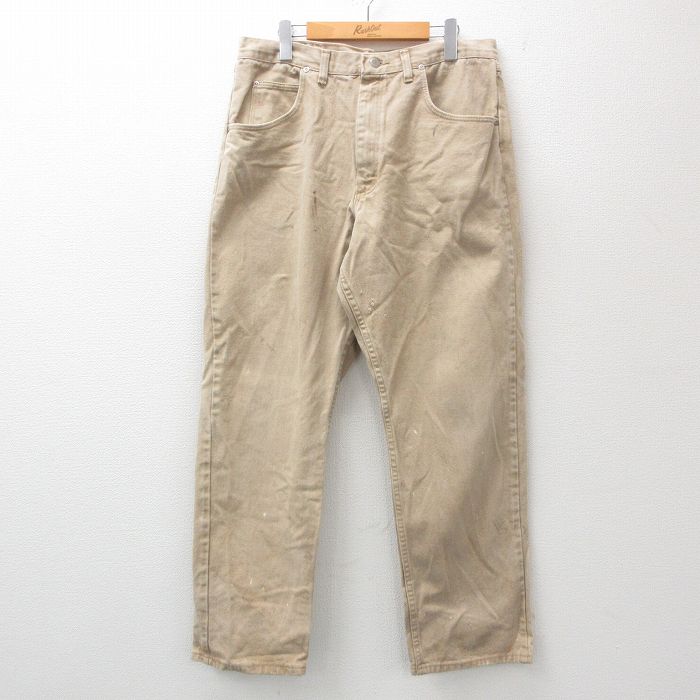W34★古着 ラングラー Wrangler ジーンズ メンズ 90年代 90s コットン USA製 薄茶 ブラウン デニム 24nov05 中古 ボトムス ジーパン Gパン ロング パンツ