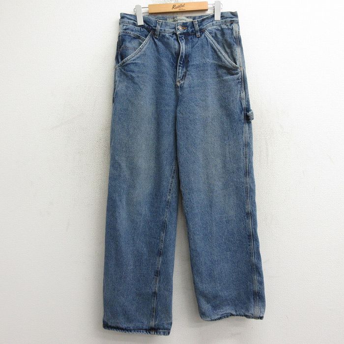 W32★古着 ペインター パンツ メンズ コットン 紺 ネイビー デニム 内側フランネル 24nov06 中古 ボトムス ロング