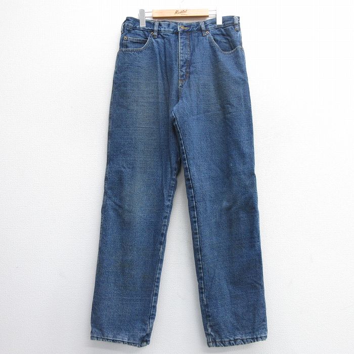 W34★古着 ジーンズ メンズ シンサレート コットン 紺 ネイビー デニム 内側フリース 24nov07 中古 ボトムス ジーパン Gパン ロング パンツ