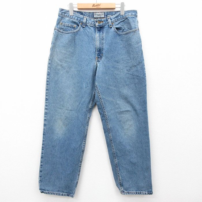 W34★古着 エディーバウアー ジーンズ メンズ テーパード コットン 紺 ネイビー デニム 24nov08 中古 ボトムス ジーパン Gパン ロング パンツ