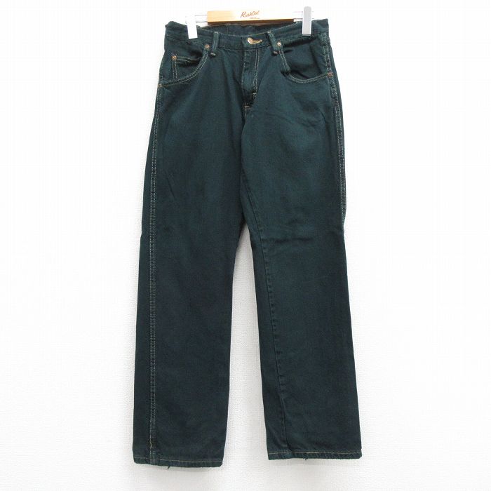W31★古着 ラングラー Wrangler ジーンズ メンズ コットン 緑 グリーン デニム 24nov08 中古 ボトムス ジーパン Gパン ロング パンツ