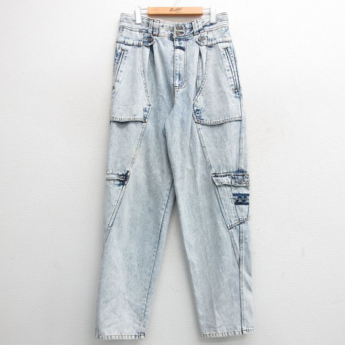 W34★古着 ジーンズ メンズ ケミカルウォッシュ 薄紺 ネイビー デニム 【spe】 24nov16 中古 ボトムス ジーパン Gパン ロング パンツ