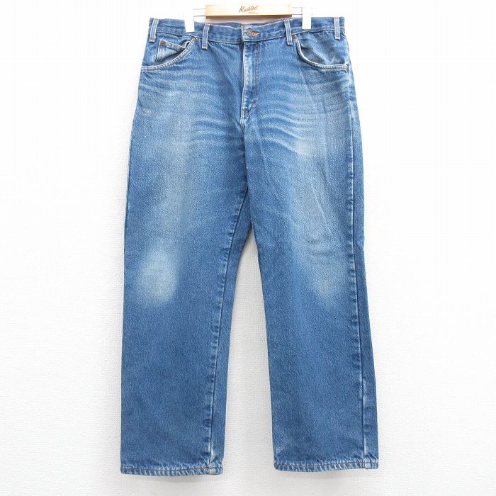 W37★古着 ディッキーズ Dickies ジーンズ メンズ ヒゲ コットン 紺 ネイビー デニム 内側フランネル 24nov16 中古 ボトムス ジーパン Gパン ロング パンツ