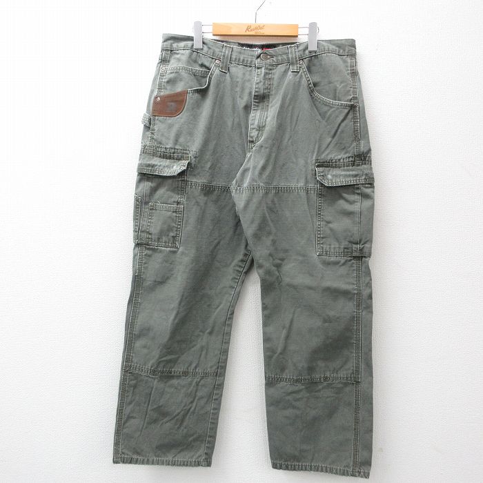 W37★古着 ラングラー Wrangler カーゴ ペインター パンツ メンズ リップストップ ダブルニー コットン 緑系 グリーン 【spe】 24dec10 中古 ボトムス ロング