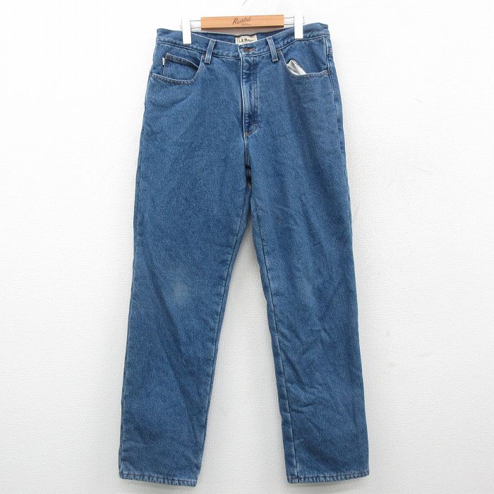 W32★古着 エルエルビーン LLBEAN ジーンズ メンズ 00年代 00s コットン 紺 ネイビー デニム 内側フリース 24dec13 中古 ボトムス ジーパン Gパン ロング パンツ