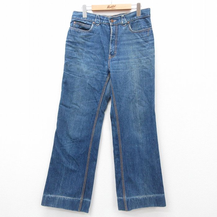 W32★古着 ジーンズ メンズ 90年代 90s フレア ブーツカット コットン 紺 ネイビー デニム 24dec16 中古 ボトムス ジーパン Gパン ロング パンツ