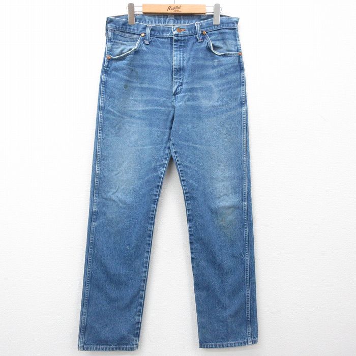 W33★古着 ラングラー Wrangler ジーンズ メンズ 90年代 90s ヒゲ コットン USA製 紺 ネイビー デニム 24dec16 中古 ボトムス ジーパン Gパン ロング パンツ