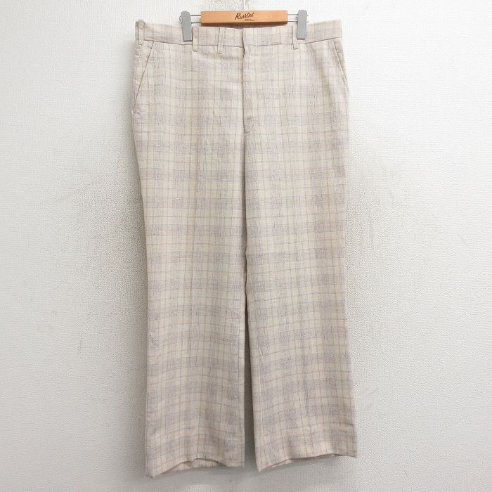 【20%OFF】W37★古着 スラックス パンツ メンズ 80年代 80s 薄ベージュ他 カーキ チェック 25jan11 中古 ボトムス ロング