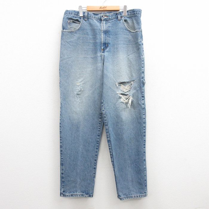 【20%OFF】W38★古着 ゲス GUESS ペインター パンツ メンズ 90年代 90s ヒゲ コットン USA製 タロン 紺 ネイビー デニム ダメージ加工 25jan29 中古 ボトムス ロング