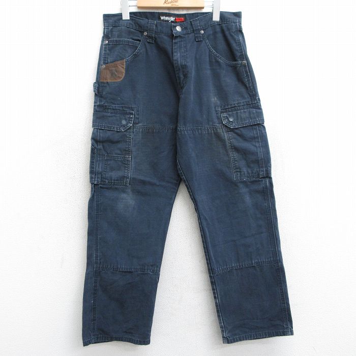 W32★古着 ラングラー Wrangler カーゴ ペインター パンツ メンズ リップストップ コットン 黒 ブラック 25feb01 中古 ボトムス ロング