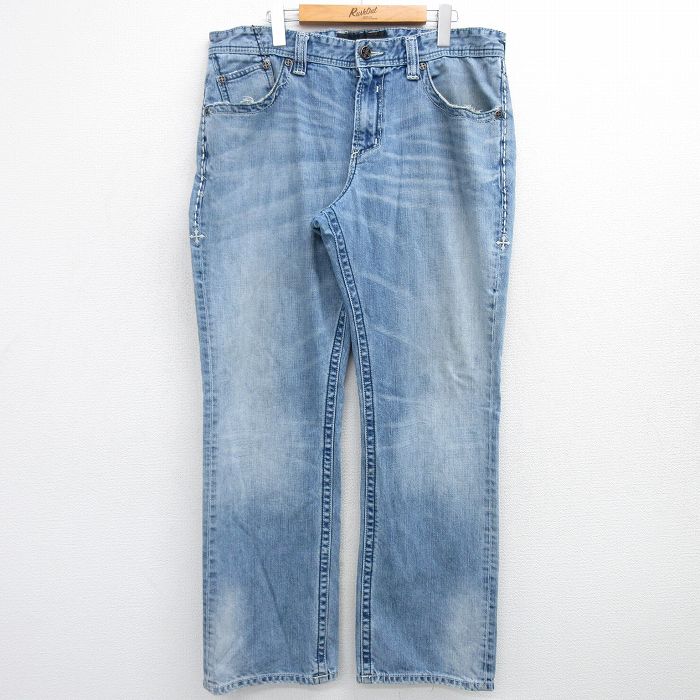 W40★古着 ジーンズ メンズ ヒゲ コットン 紺 ネイビー デニム 25feb03 中古 ボトムス ジーパン Gパン ロング パンツ