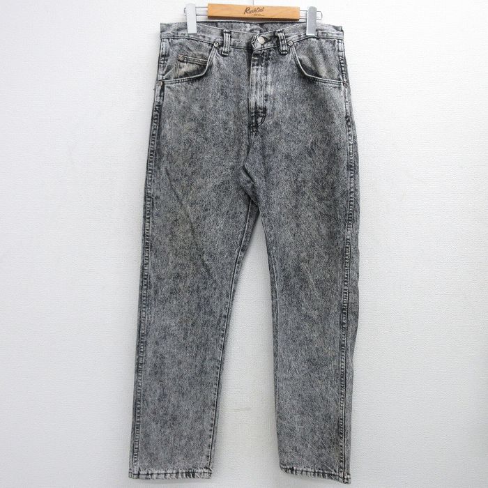 W32★古着 ラングラー Wrangler ジーンズ メンズ 90年代 90s ケミカルウォッシュ コットン USA製 黒 ブラック デニム 【spe】 25feb03 中古 ボトムス ジーパン Gパン ロング パンツ