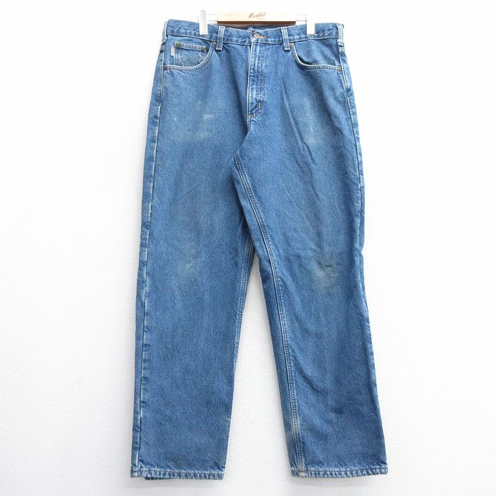W37★古着 カーハート Carhartt ジーンズ メンズ コットン 紺 ネイビー デニム 内側フランネル 25feb05 中古 ボトムス ジーパン Gパン ロング パンツ
