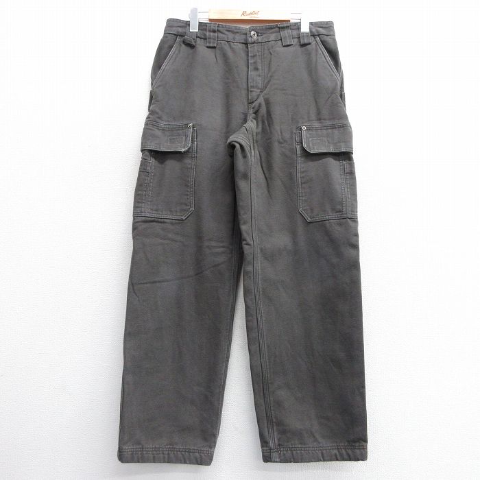 W33★古着 カーゴ パンツ メンズ ダック地 コットン 緑系 グリーン 内側フリース 25feb05 中古 ボトムス ロング