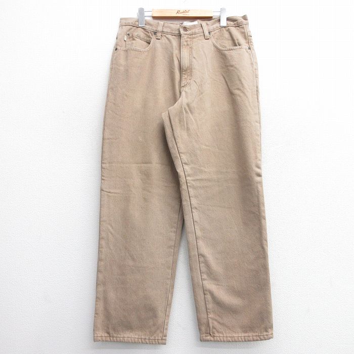 W34★古着 エルエルビーン LLBEAN ジーンズ メンズ コットン ベージュ カーキ デニム 内側フリース 25feb05 中古 ボトムス ジーパン Gパン ロング パンツ