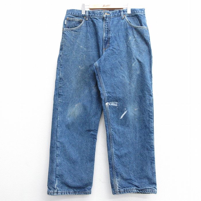 W36★古着 カーハート Carhartt ジーンズ メンズ 90年代 90s コットン USA製 紺 ネイビー デニム 内側フランネル 25feb05 中古 ボトムス ジーパン Gパン ロング パンツ