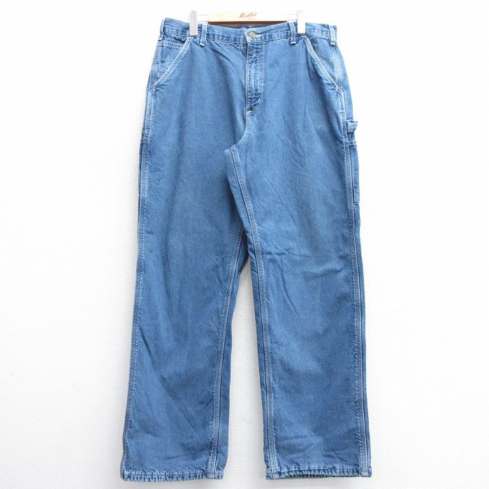 W37★古着 カーハート Carhartt ペインター パンツ メンズ 90年代90s コットン USA製 紺 ネイビー デニム 内側フランネル 【spe】 25feb05 中古 ボトムス ロング