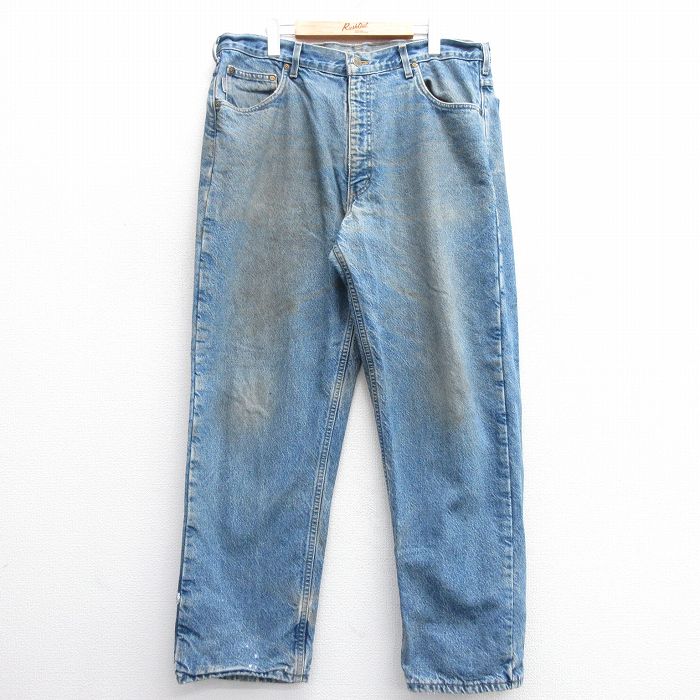 W38★古着 カーハート Carhartt ジーンズ メンズ 90年代 90s コットン USA製 紺 ネイビー デニム 内側フランネル 25feb05 中古 ボトムス ジーパン Gパン ロング パンツ