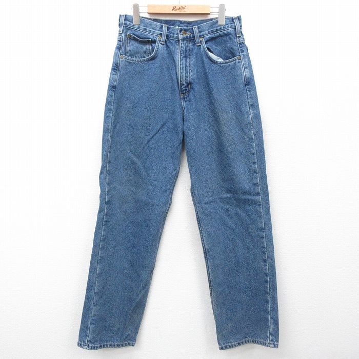 W32★古着 カーハート Carhartt ジーンズ メンズ コットン 紺 ネイビー デニム 内側フランネル 25feb05 中古 ボトムス ジーパン Gパン ロング パンツ