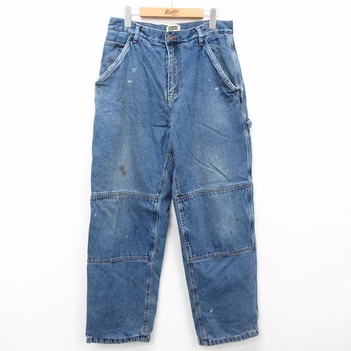 W33★古着 SAFTBAK ペインター パンツ メンズ 00年代 00s ダブルニー コットン 紺 ネイビー デニム 内側フランネル 【spe】 25feb05 中古 ボトムス ロング