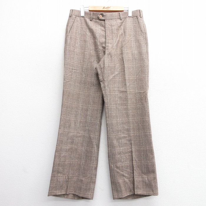 W34★古着 パンツ メンズ フレア ウール 濃茶他 ブラウン チェック 25feb06 中古 ボトムス ロング