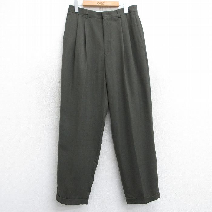 W31★古着 スラックス パンツ メンズ 濃緑 グリーン 25feb07 中古 ボトムス ロング
