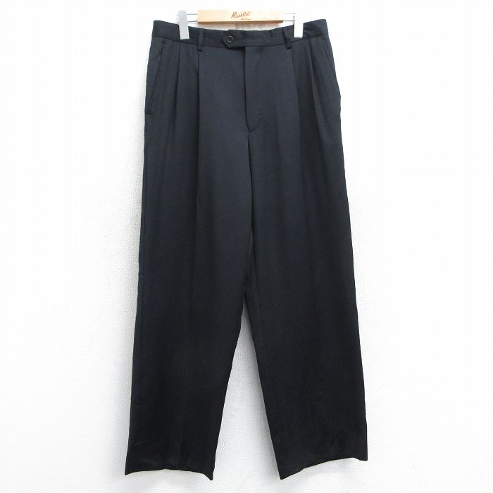 W32★古着 スラックス パンツ メンズ 90年代 90s ウール イタリア製 黒 ブラック ストライプ 25feb07 中古 ボトムス ロング