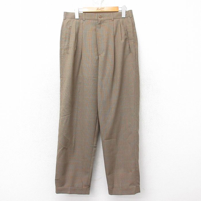 W31★古着 ペリーエリス パンツ メンズ 90年代 90s 茶他 ブラウン チェック 25feb15 中古 ボトムス ロング