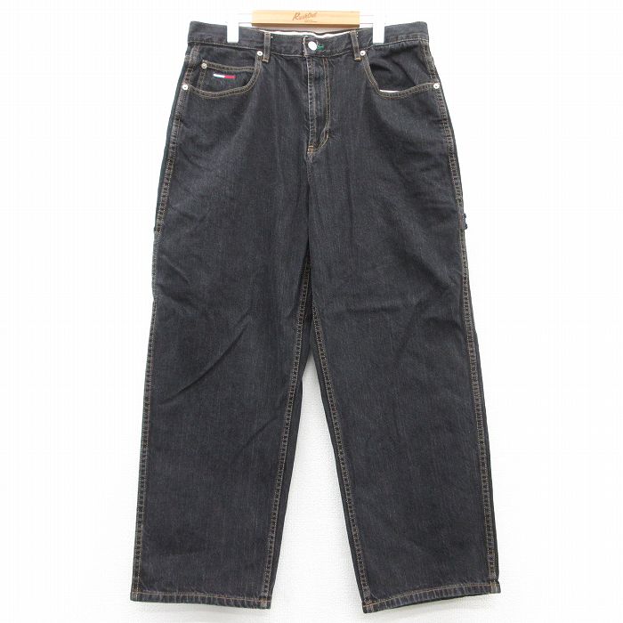 W36★古着 トミーヒルフィガー TOMMY HILFIGER ブランド ペインター パンツ メンズ 90年代 90s 黒 ブラック デニム 25feb17 中古 ボトムス ロング
