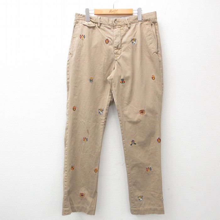 W35★古着 ラルフローレン Ralph Lauren ブランド パンツ メンズ ワンポイントロゴ 総柄 コットン ベージュ カーキ 25feb18 中古 ボトムス ロング
