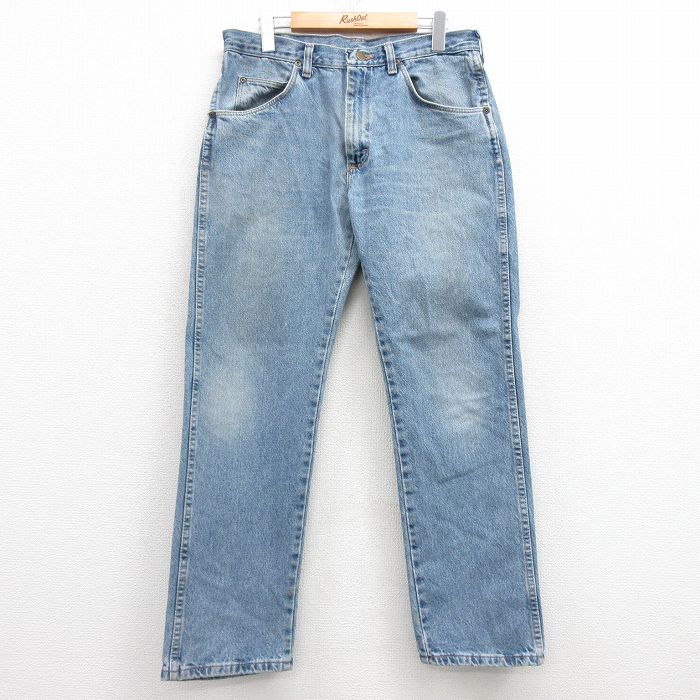 W32★古着 ラングラー Wrangler ジーンズ メンズ 90年代 90s ヒゲ コットン USA製 紺 ネイビー デニム 25feb20 中古 ボトムス ジーパン Gパン ロング パンツ
