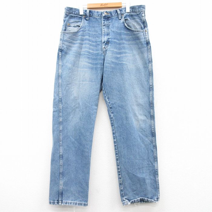 W38★古着 ラングラー Wrangler ジーンズ メンズ ヒゲ コットン 紺 ネイビー デニム 25feb25 中古 ボトムス ジーパン Gパン ロング パンツ