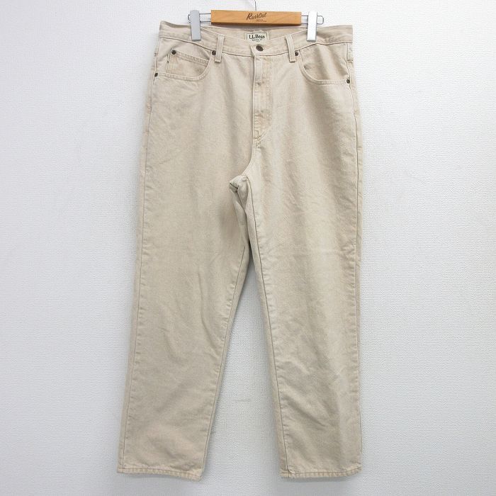 W35★古着 エルエルビーン LLBEAN ジーンズ メンズ 00年代 00s コットン ベージュ カーキ デニム 内側フランネル 25feb25 中古 ボトムス ジーパン Gパン ロング パンツ