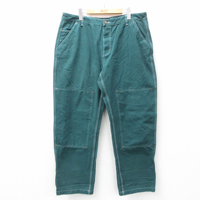 W38★古着 パンツ メンズ ダブルニー コットン 緑 グリーン 25feb26 中古 ボトムス ロング
