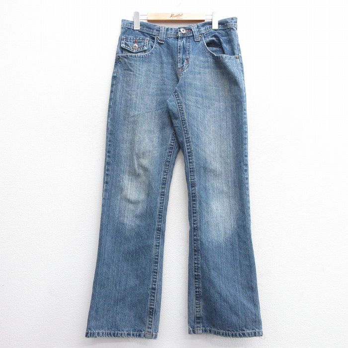 W32★古着 ジーンズ メンズ ヒゲ フレア ブーツカット コットン 紺 ネイビー デニム 25feb28 中古 ボトムス ジーパン Gパン ロング パンツ