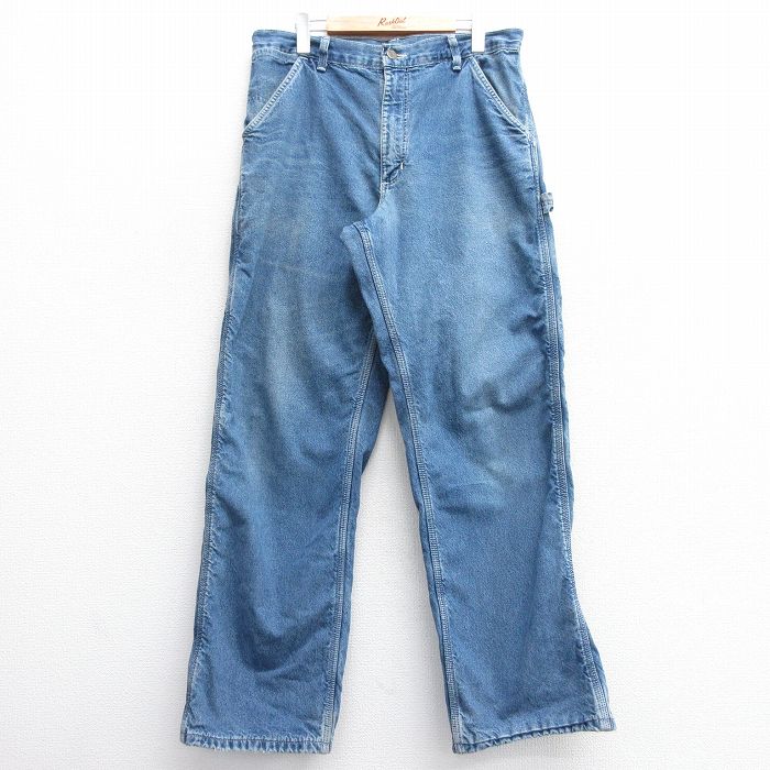 W32★古着 カーハート Carhartt ペインター パンツ メンズ ヒゲ 紺 ネイビー デニム 内側フランネル 【spe】 25feb28 中古 ボトムス ロング