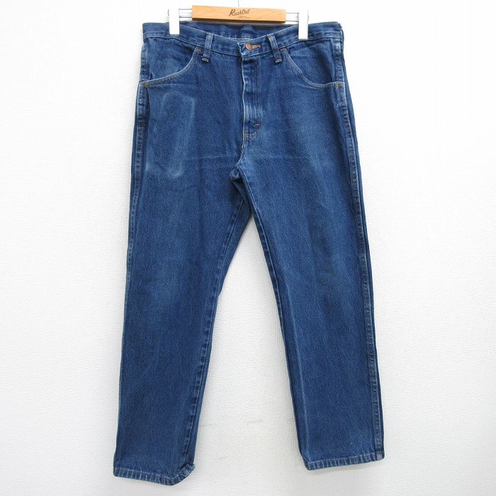 W34★古着 ラスラー ジーンズ メンズ ヒゲ 紺 ネイビー デニム 25mar01 中古 ボトムス ジーパン Gパン ロング パンツ