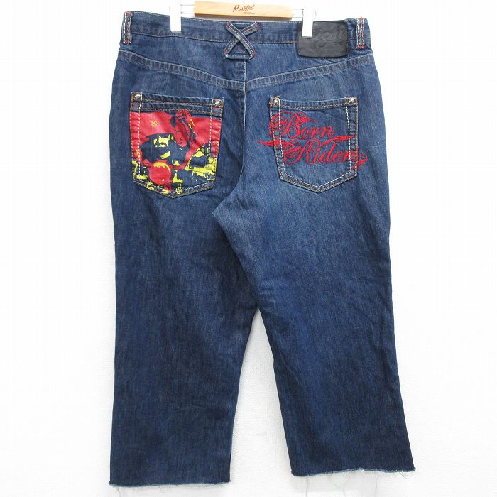 W40★古着 ジーンズ メンズ Born Riders チェーンステッチ刺繍 大きいサイズ コットン 濃紺 ネイビー デニム 【spe】 25mar03 中古 ボトムス ジーパン Gパン ロング パンツ