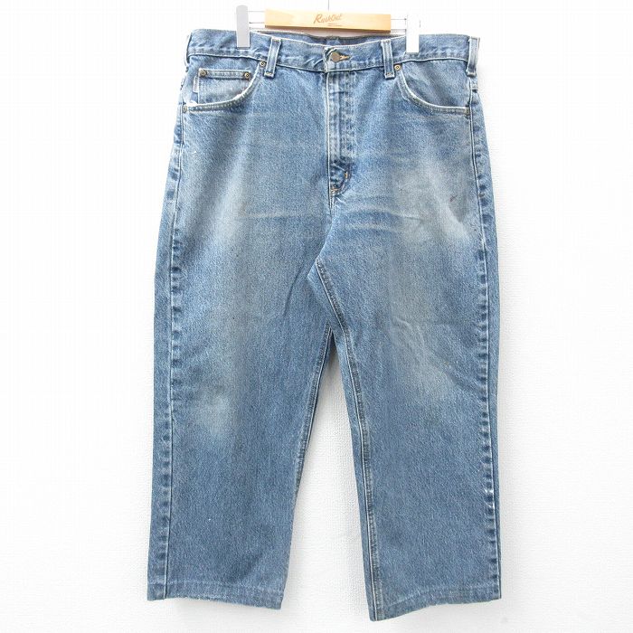 W37★古着 カーハート Carhartt ジーンズ メンズ ヒゲ コットン 紺 ネイビー デニム 【spe】 25mar03 中古 ボトムス ジーパン Gパン ロング パンツ