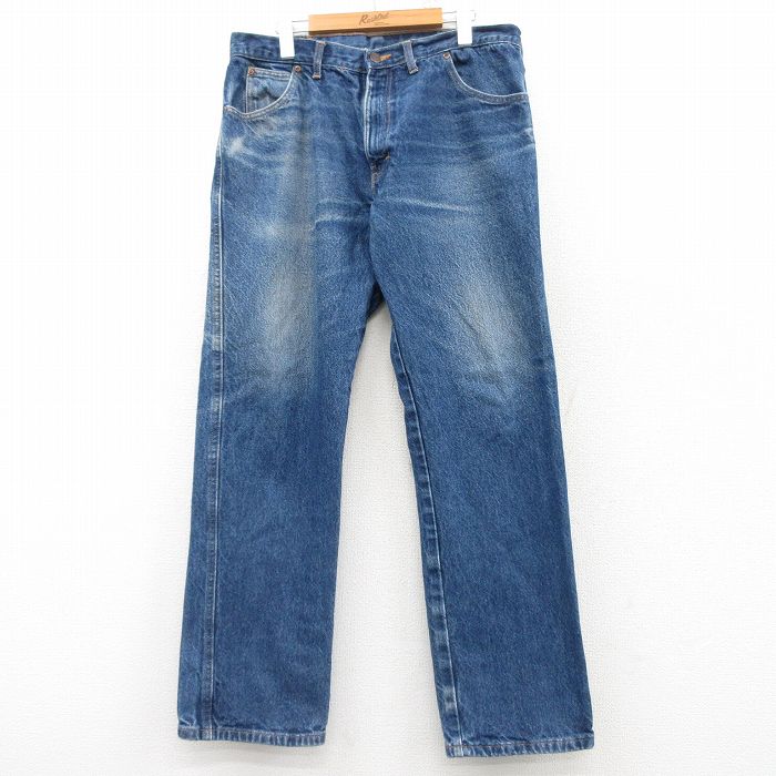 W35★古着 ジーンズ メンズ ヒゲ コットン 紺 ネイビー デニム 25mar04 中古 ボトムス ジーパン Gパン ロング パンツ