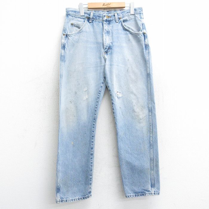 W35★古着 ラングラー Wrangler ジーンズ メンズ ヒゲ コットン 薄紺 ネイビー デニム 25mar05 中古 ボトムス ジーパン Gパン ロング パンツ