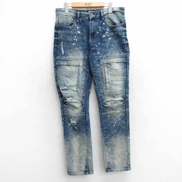 W33★古着 サウスポール ジーンズ メンズ ヒゲ 紺 ネイビー デニム ダメージ加工 25mar05 中古 ボトムス ジーパン Gパン ロング パンツ