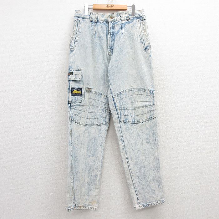 W33★古着 ジーンズ メンズ 90年代 90s OSLO ケミカルウォッシュ コットン 薄紺 ネイビー デニム 25mar08 中古 ボトムス ジーパン Gパン ロング パンツ