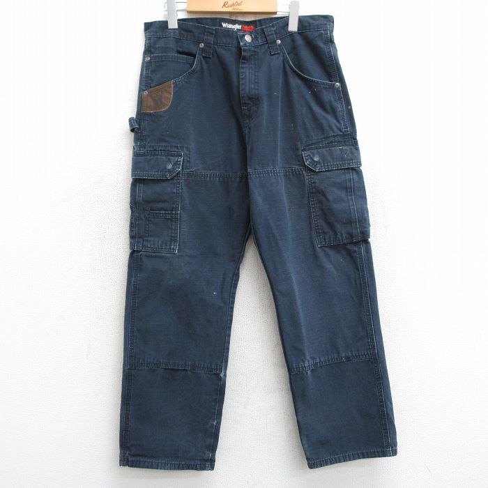 W35★古着 ラングラー Wrangler カーゴ ペインター パンツ メンズ リップストップ ダック地 コットン 黒 ブラック 25mar10 中古 ボトムス ロング