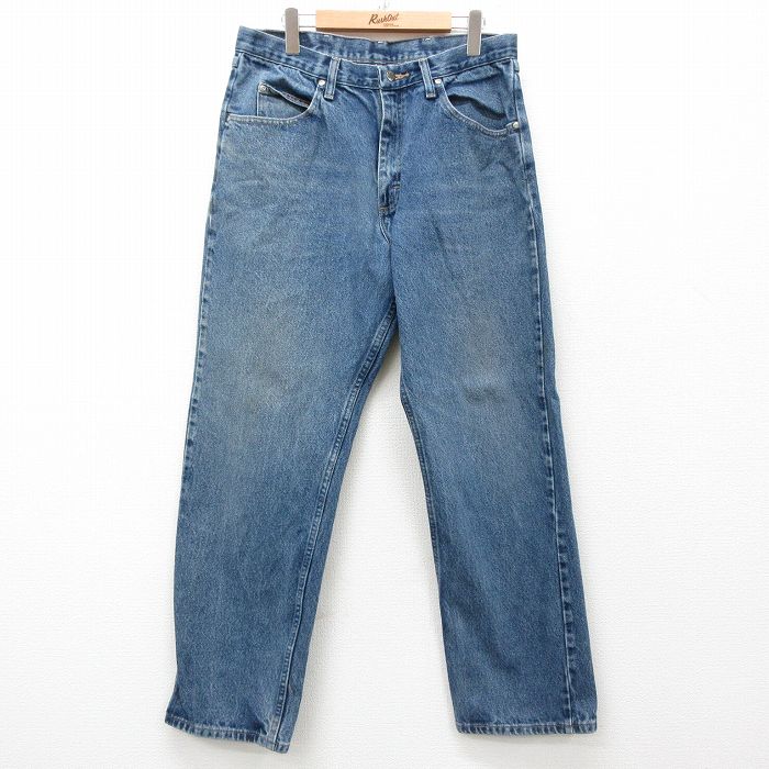 W33★古着 ラングラー Wrangler ジーンズ メンズ ヒゲ コットン 紺 ネイビー デニム 25mar11 中古 ボトムス ジーパン Gパン ロング パンツ