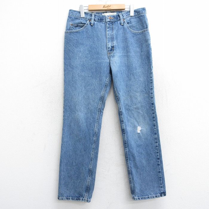 W34★古着 リー Lee パンツ メンズ ヒゲ コットン 紺 ネイビー デニム 25mar11 中古 ボトムス ロング