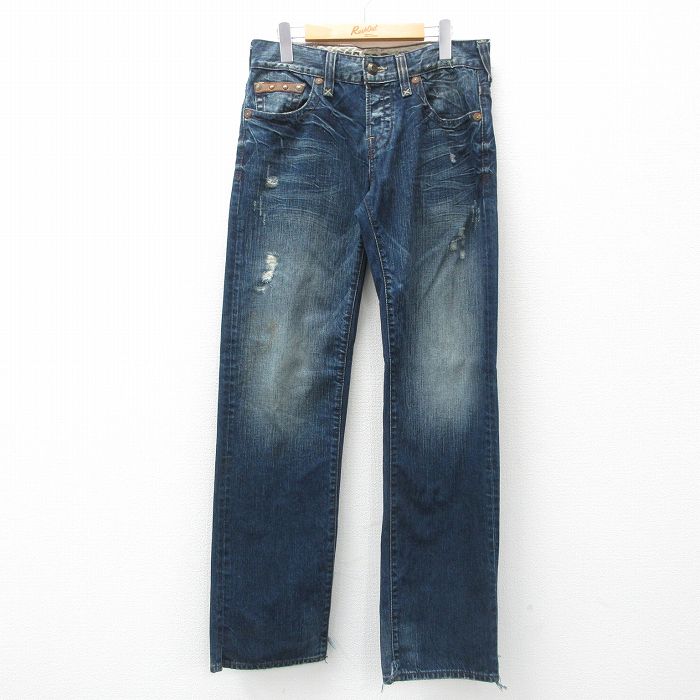 W33★古着 ゲス GUESS ジーンズ メンズ 紺 ネイビー デニム 25mar12 中古 ボトムス ジーパン Gパン ロング パンツ